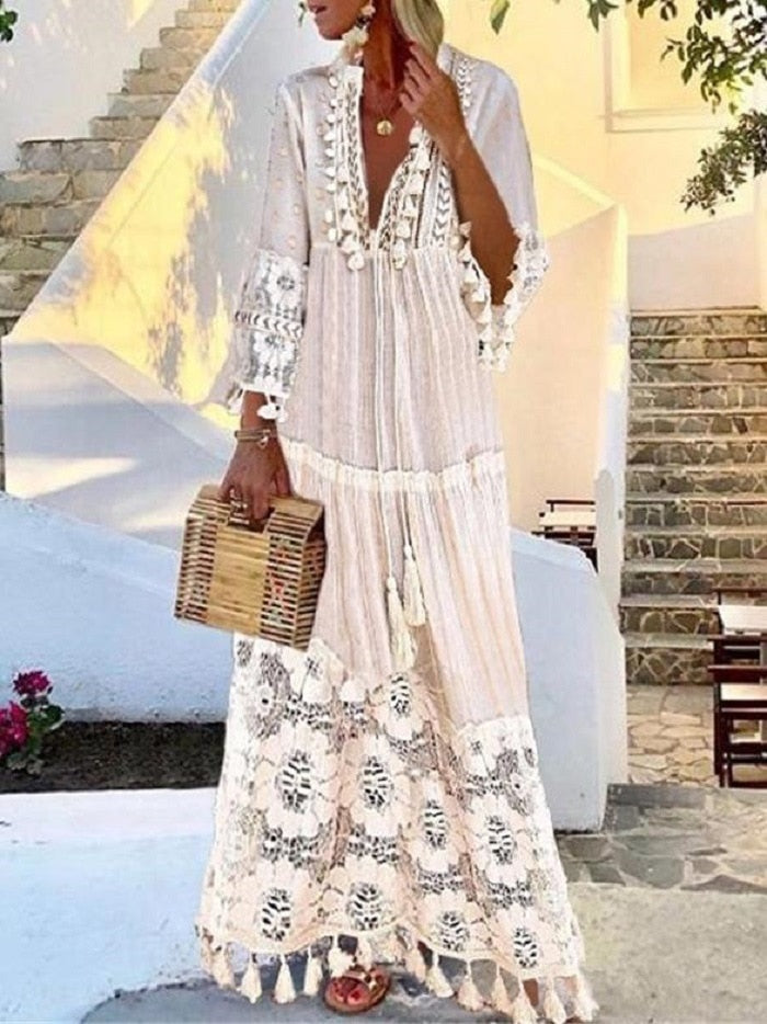 Tassel Sexy Boho Long Dress Women Summer Lace Up