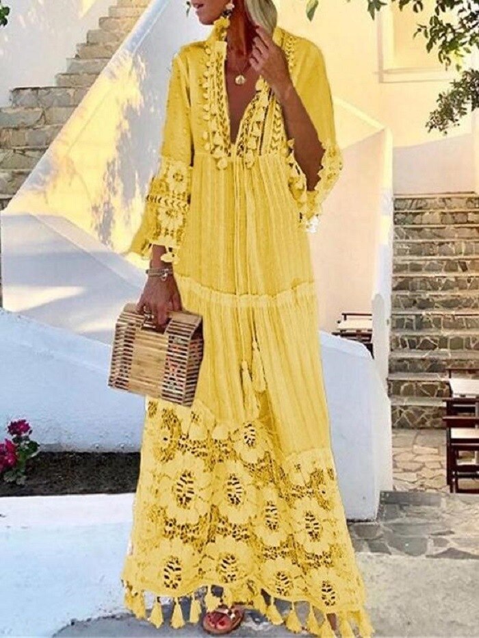 Tassel Sexy Boho Long Dress Women Summer Lace Up