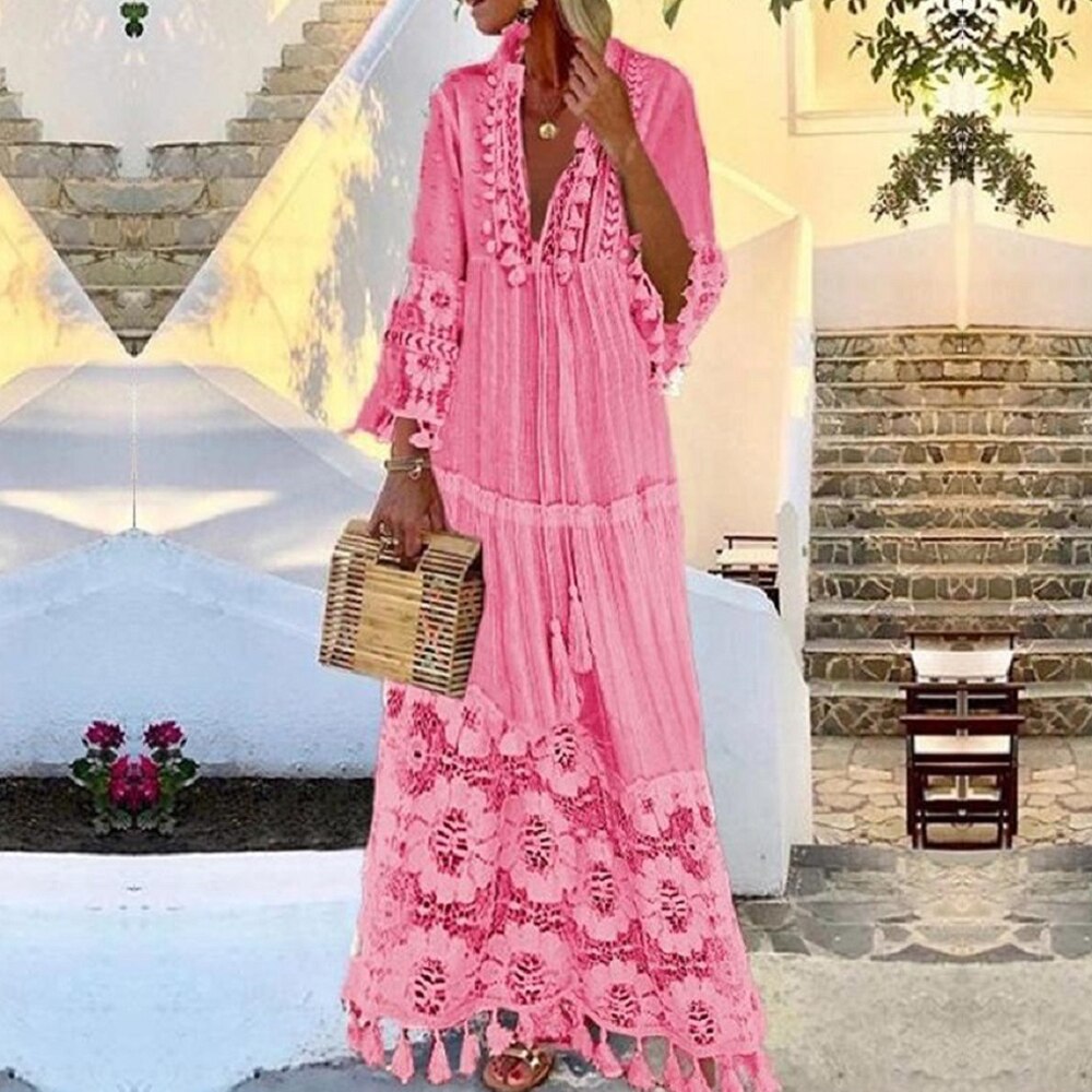 Tassel Sexy Boho Long Dress Women Summer Lace Up