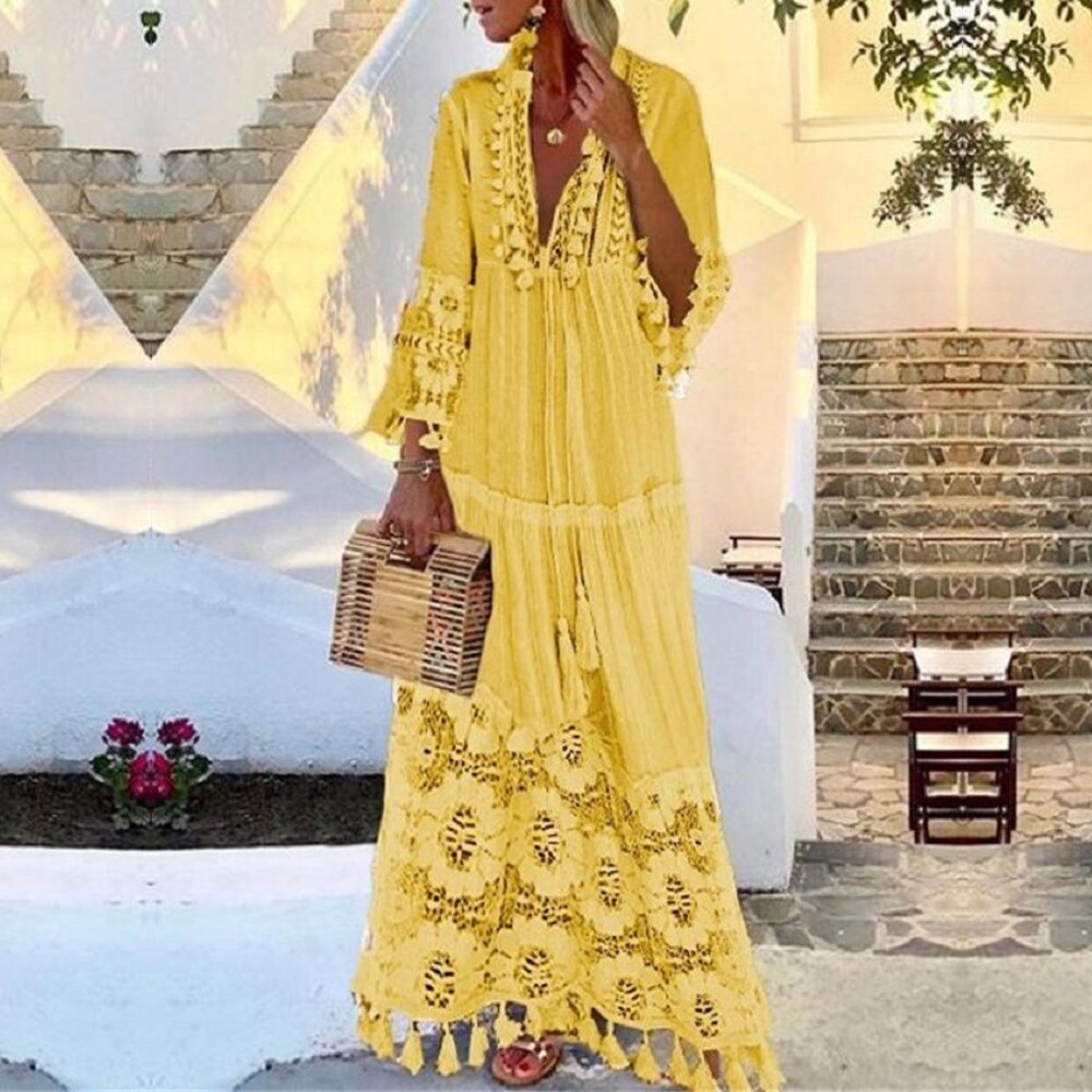 Tassel Sexy Boho Long Dress Women Summer Lace Up