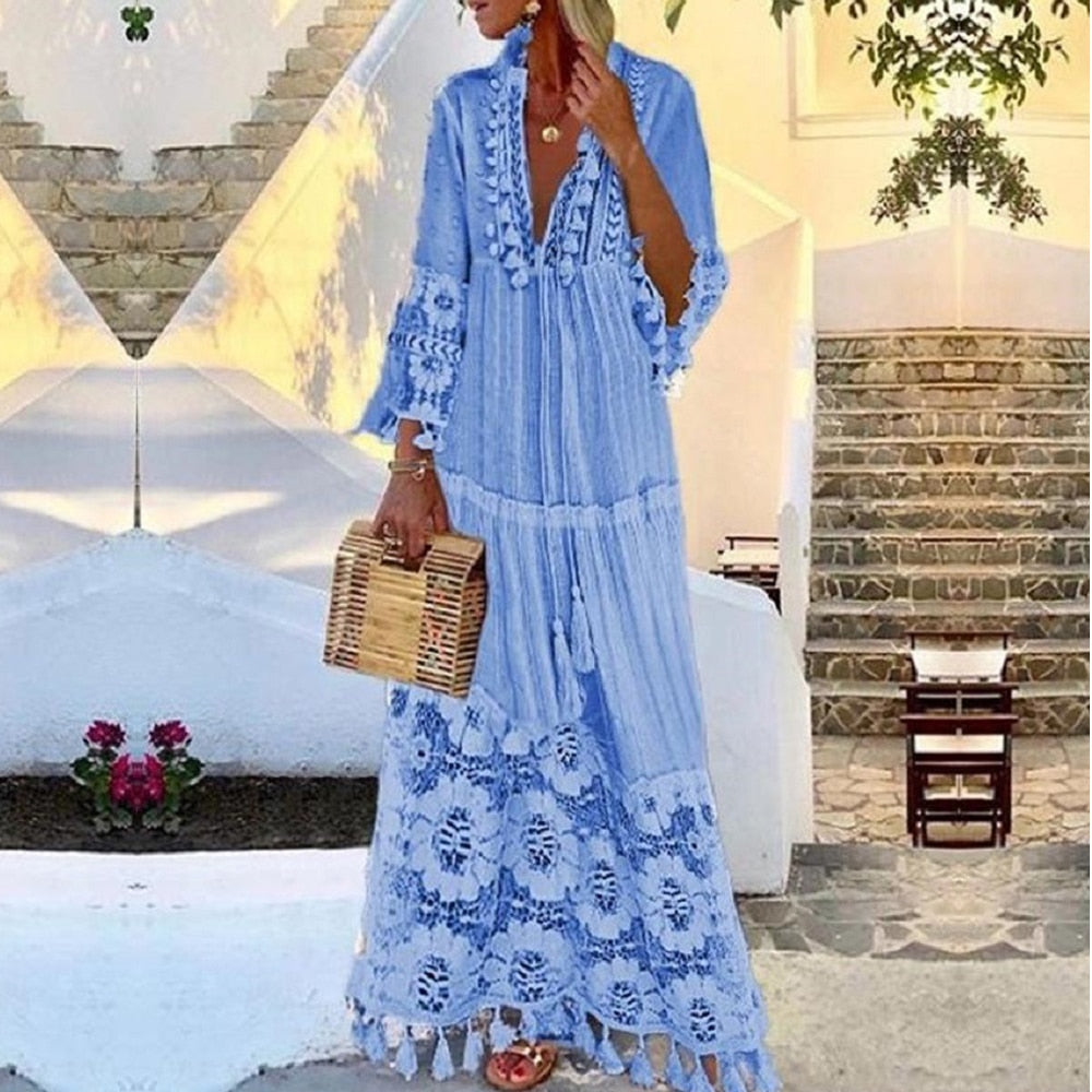 Tassel Sexy Boho Long Dress Women Summer Lace Up