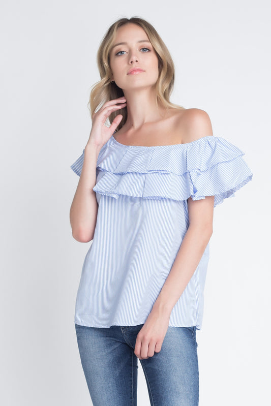 home forluxe clotheShoulder Ruffle Stripe Blouse 
This off shoulder top features a stripe print and ruffles on the neckline

Model is wearing a size Small
95% Polyester 5% Spandex
Dry Clean
Imported
Style #: MM319