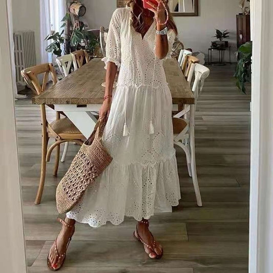 Elegant Short Sleeve Hollow Out Bohemian Dresses for Women