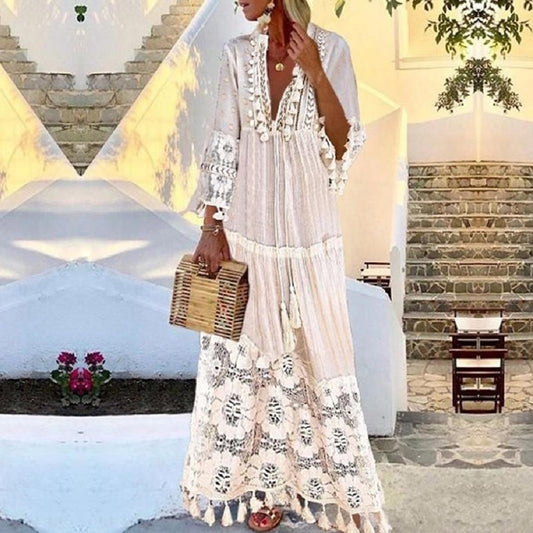 Tassel Sexy Boho Long Dress Women Summer Lace Up